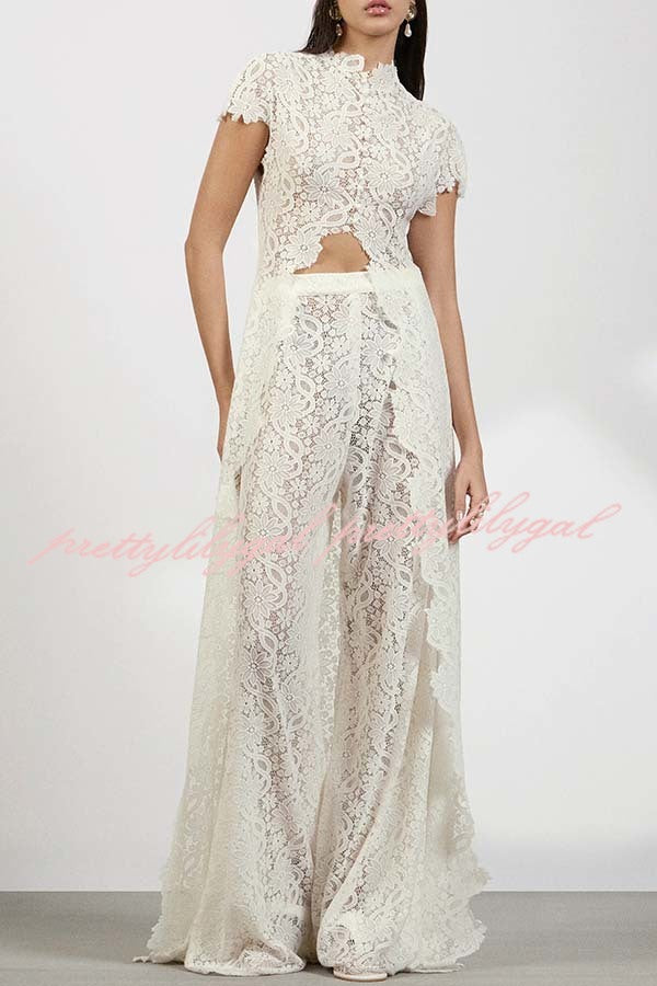 Elegant Personality Floral Lace Short Sleeve Front Slit Maxi Top