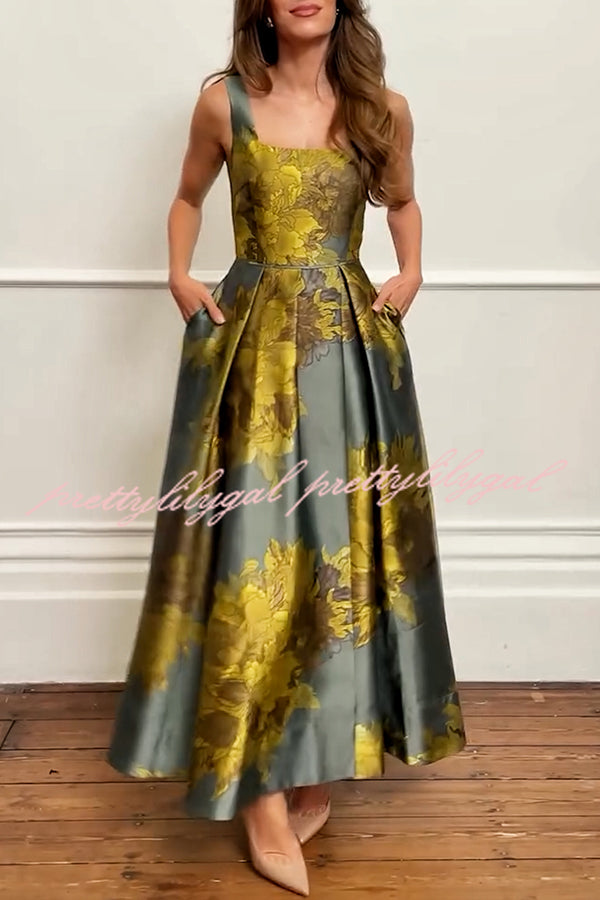 London Nights Satin Floral Pattern Square Neck Pocket Pleated Prom Maxi Dress