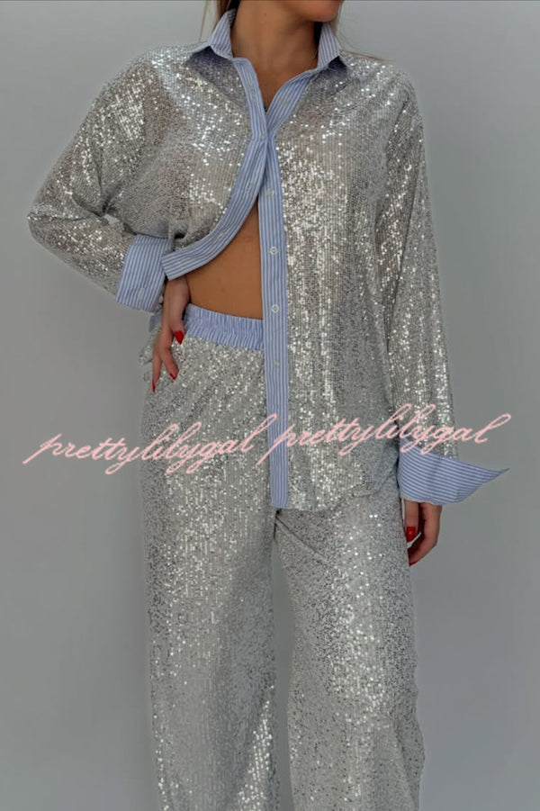 Fashion Sequined Loose Long-sleeved Shirt and Casual Elastic Waist Wide-leg Pants Set