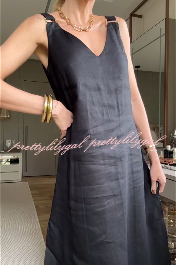 Halena Linen Blend Metal Buckle Wide Strap Pocketed A-line Slit Midi Dress