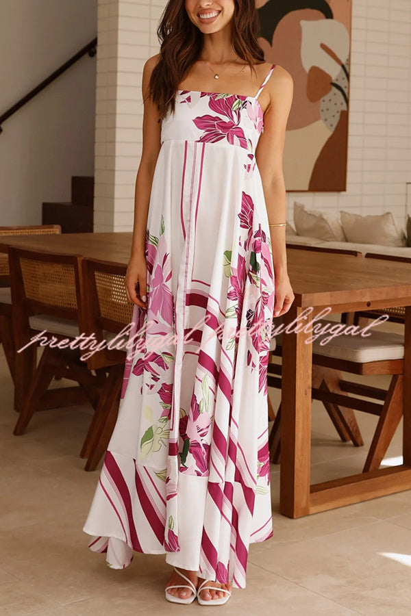 Botanical Print Halter Square Neck Pleated Loose Maxi Dress