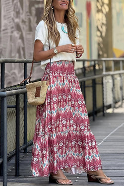 Resort Style Unique Print Pleated Elastic Waist Maxi Skirt
