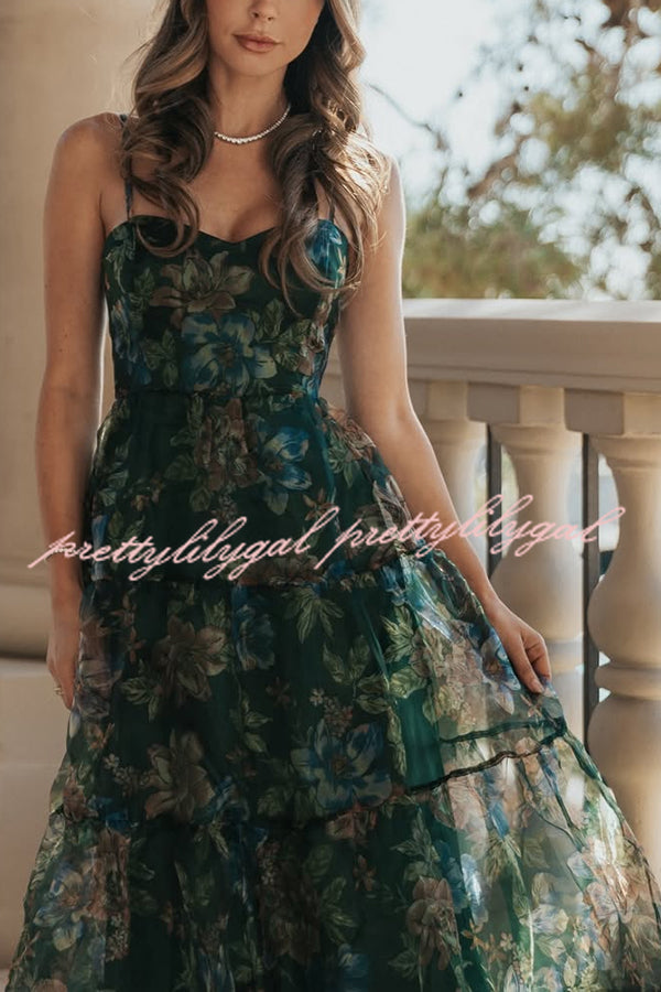 Exclusive Glamour Organza Floral Print Tiered Slip Maxi Dress