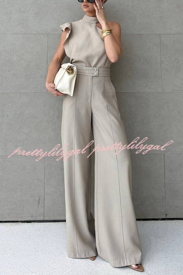 Fashionable One-shoulder Ruffled Top and Casual Simple Straight-leg Suit Pants Set