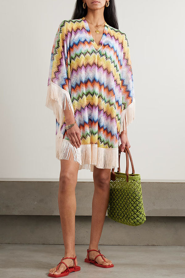 Jiya Knit Colorful Zigzag Pattern Tassle Trim Loose Kaftan Mini Dress