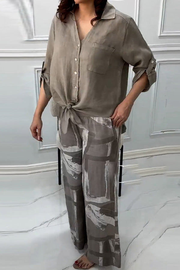 Fashion Lapel Long Sleeve Casual Shirt and Unique Print Elastic Waist Pocket Wide Leg Pants Set