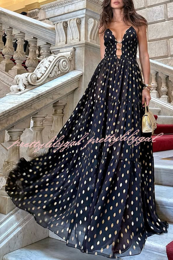 Charming View Chiffon Gold Polka Dot Print Cutout Lightweight Maxi Dress