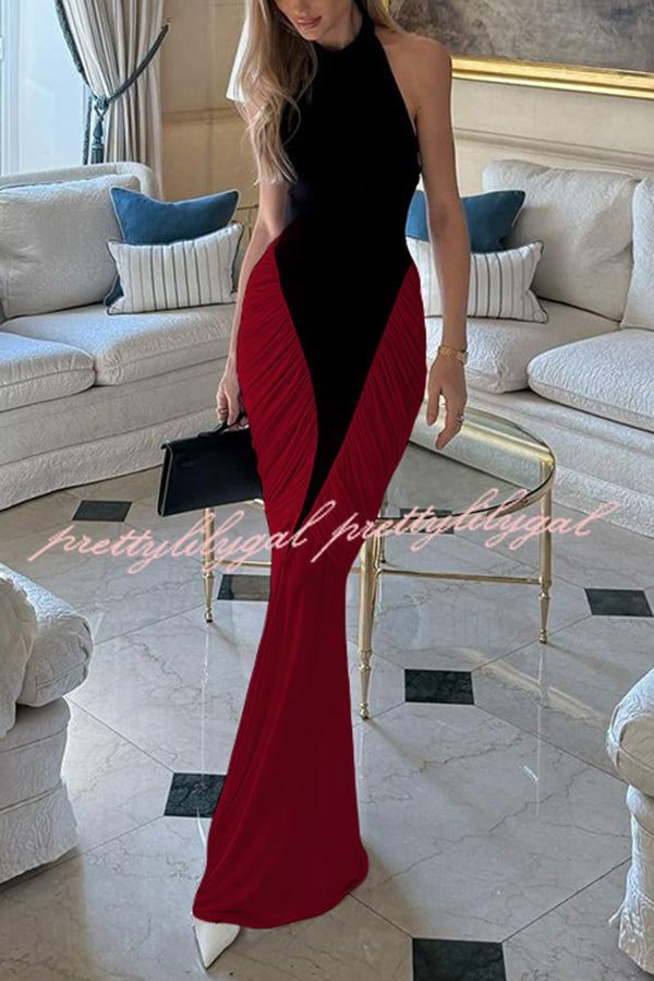 Fashionable Contrast Color Open Back Side Pleated Draped Maxi Dress