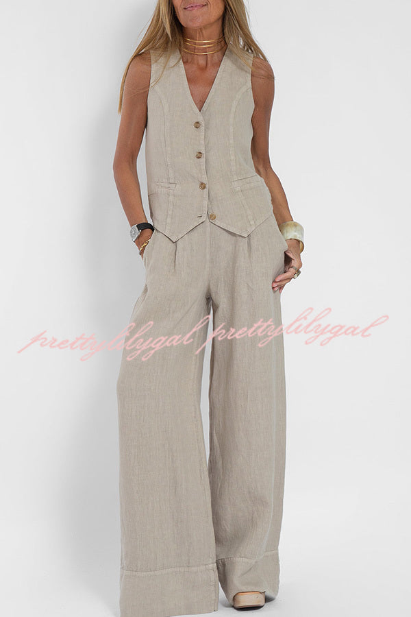 Eddie Linen Blend Button Vest and Elastic Waist Pocketed Wide Leg Pants Set