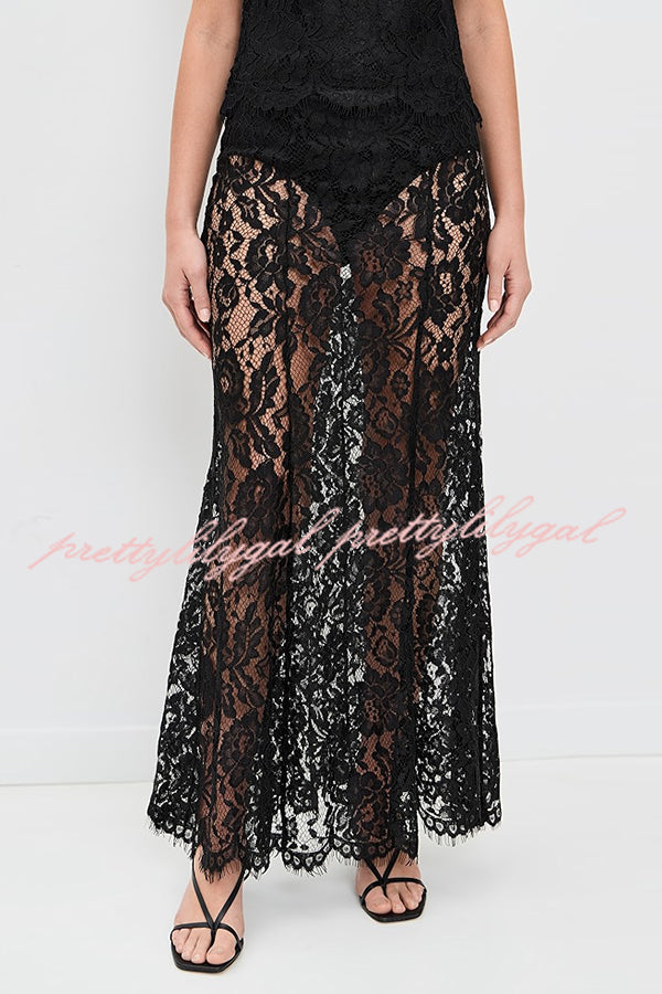 Make An Entrance Floral Stretch Lace Mid Rise Flare Maxi Skirt