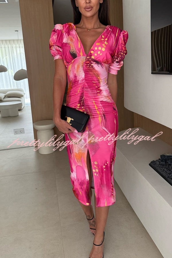 Unique Print V-Neck Puff Sleeve Slit Slim Midi Dress