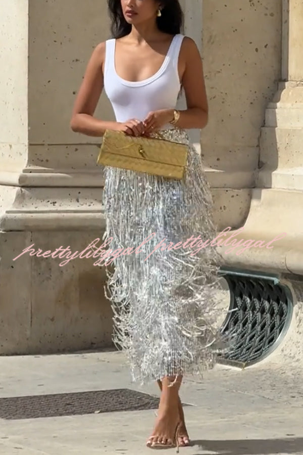 Evening Charm Layered Sequined Tassels High Rise Back Zipper Slit Midi Skirt