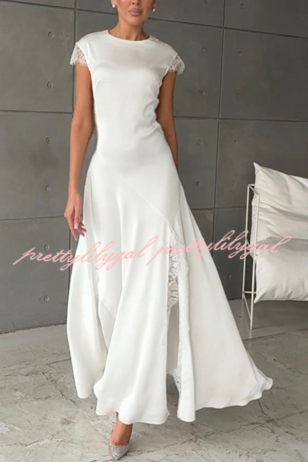 Dreaming Party Satin Lace Trim Short Sleeve Slit Maxi Dress
