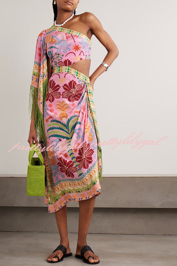 Fruits Queen Unique Print One Shoulder Fringe Detail Scarf Midi Dress