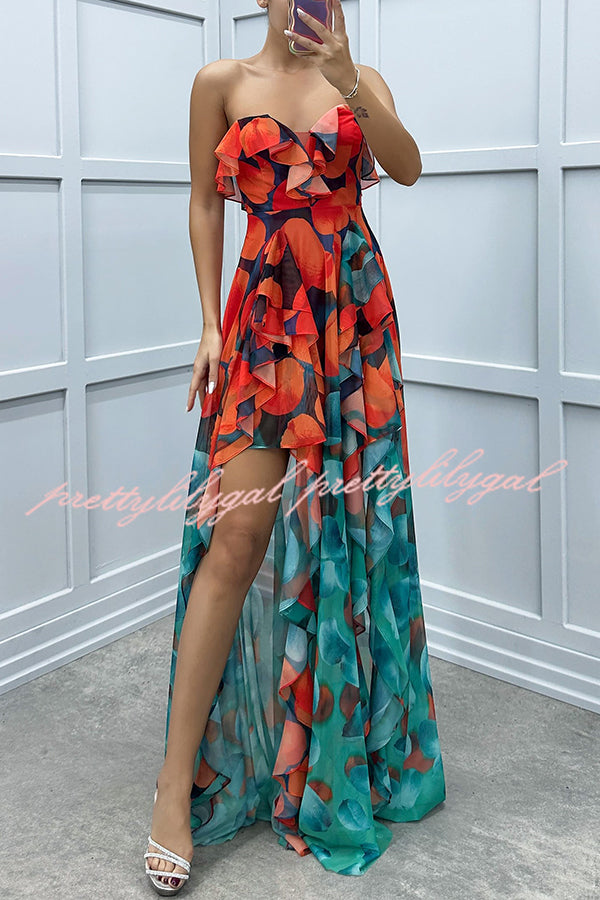 Loving Moment Gradient Unique Print Flowing Layered Ruffles Strapless Slit Maxi Dress