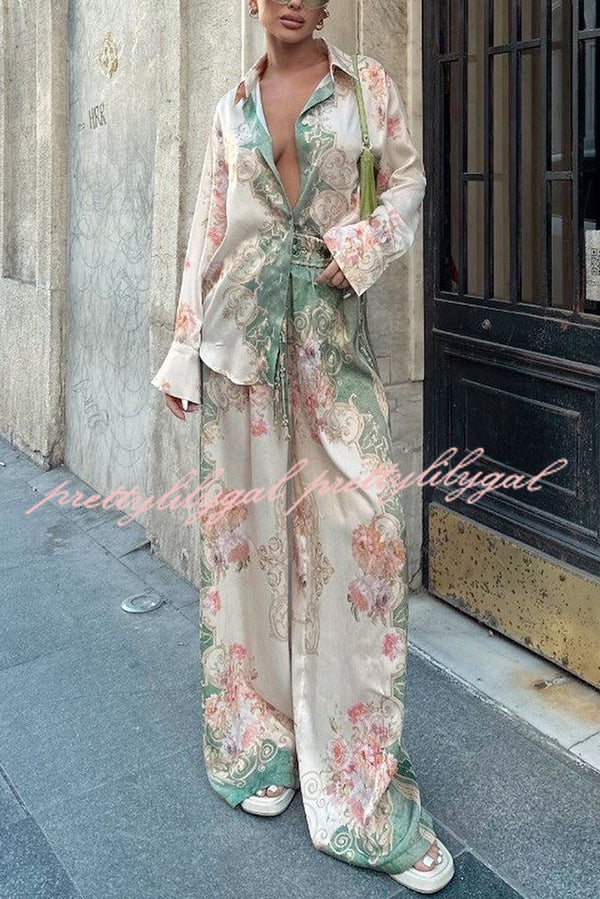 Antibes Satin Court Unique Printed Long Sleeve Loose Shirt and Elastic Waist Pants Set