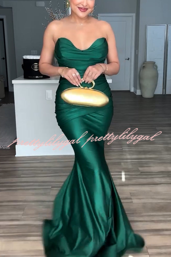 Royal & Truly Elegant Satin Off Shoulder Ruched Fishtail Maxi Dress