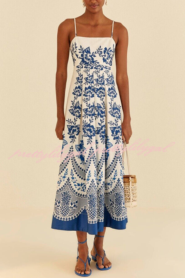 Villa Vacation Floral Ethnic Print Back Smocked Loose Midi Dress