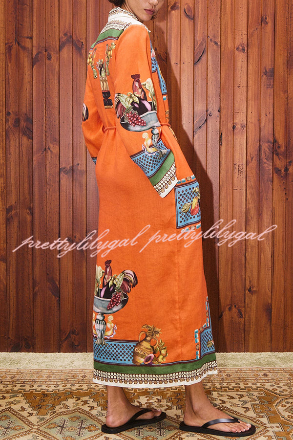 Linen Blend Unique Print Tie-waist Casual Maxi Dress