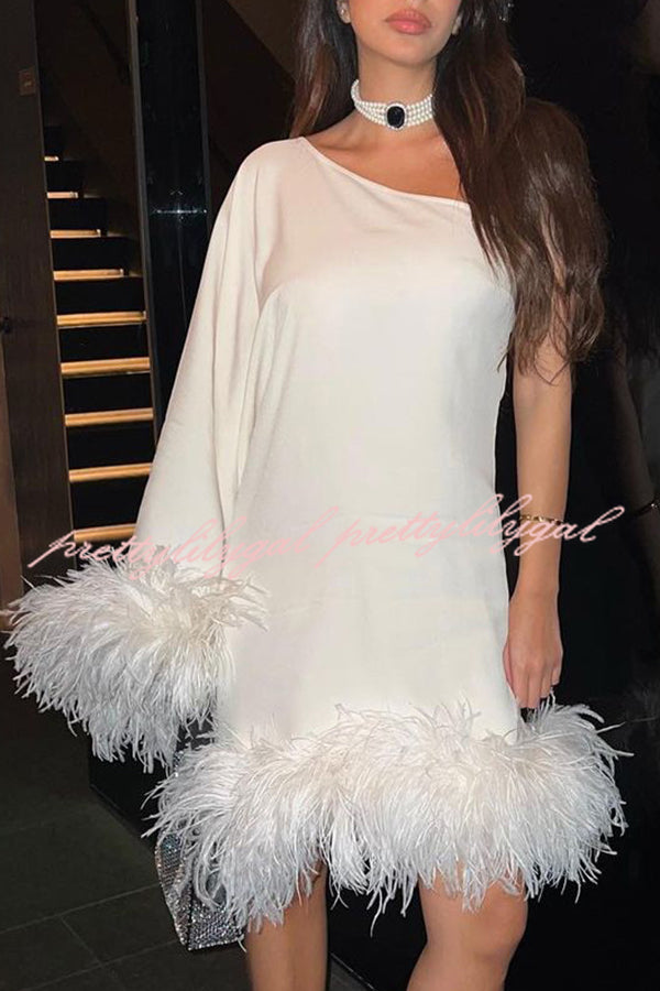 Vegas Living One Shoulder Feather Hem Party Mini Dress