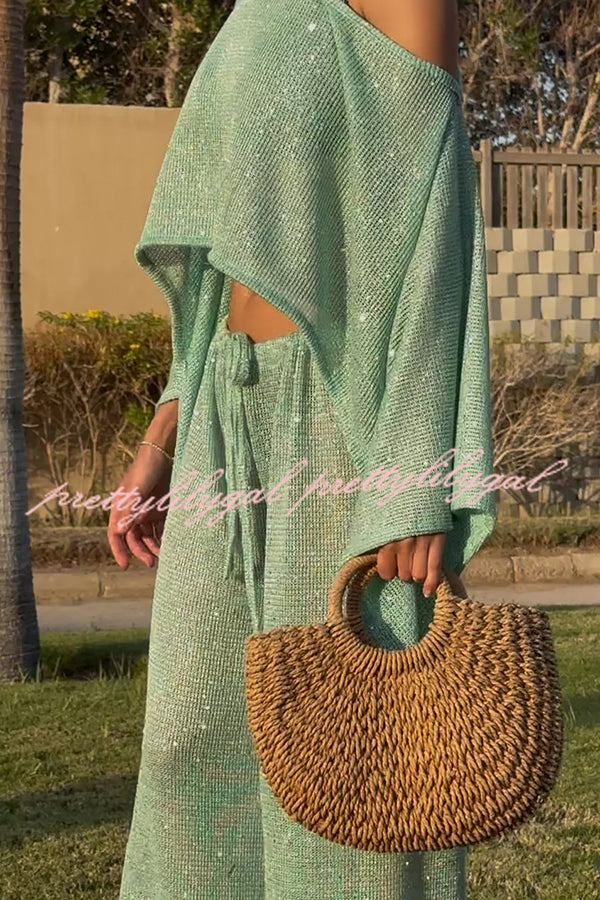 Vacation Knit Shiny Fabric Batwing Sleeve Cape Top and Cover-up Elastic Waist Loose Pants Set