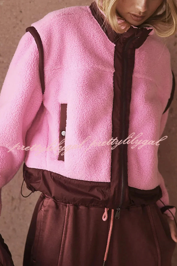 Stylish Patchwork Stand Collar Sherpa Zipper Jacket