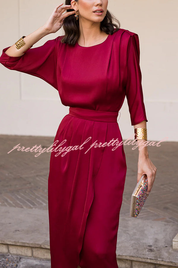Satin Solid Color Round Neck Half Sleeve Waist Midi Dress
