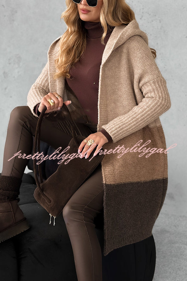 Fashionable Knit Patchwork Color Long-sleeved Hooded Loose Mid-length Cardigan