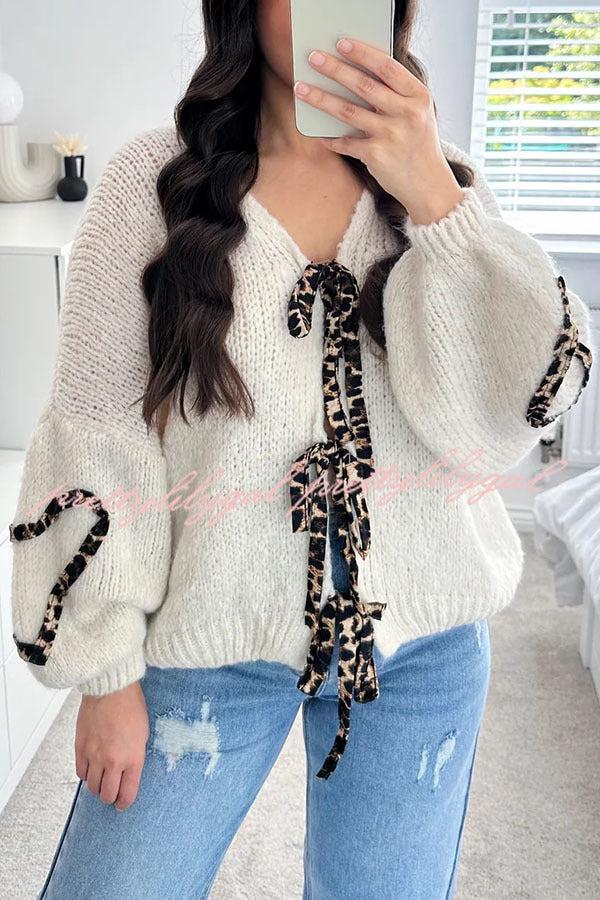 Fashionable Loose Long-sleeved Leopard Print Lace-up Knitted Sweater Cardigan