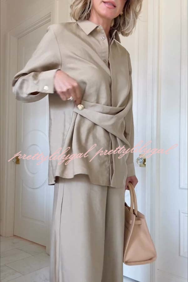 Juliette Cross-front Button Up Long Sleeve Shirt and Elastic Waist Pocket Loose Pants Set
