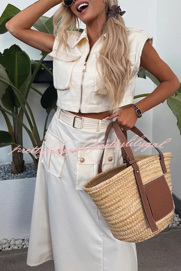 Athleisure Zipper Pocket Sleeveless Jacket and Belted Cargo Midi Skirt Set