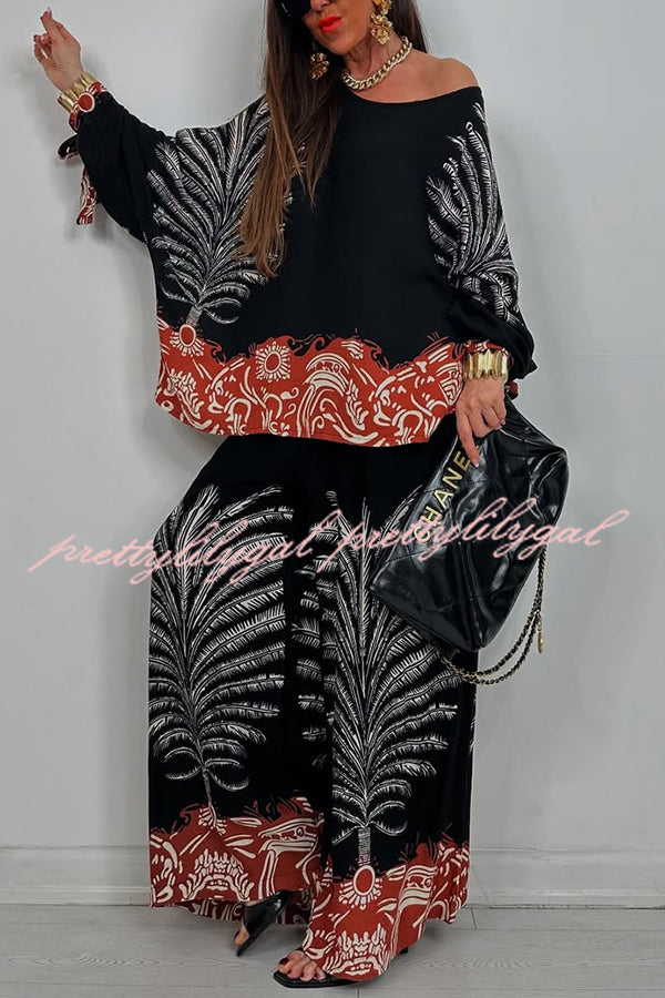 Unique Print Loose Drawstring Long Sleeve Top and Elastic Waist Casual Pocket Wide Leg Pants Set