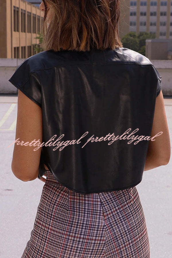 Fashion Faux Leather Pocket Sleeveless Cropped Jacket