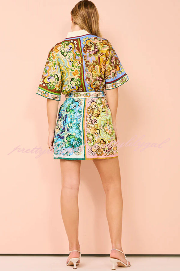 Sasha Linen Blend Unique Printed Shirt Style Tie-waist Mini Dress