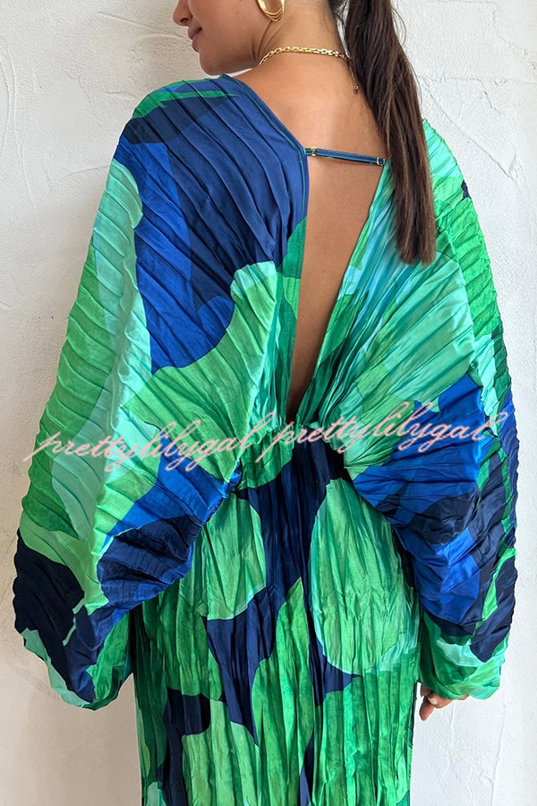chinese dress ladies Tropical Oasis Capri Print Kimono Sleeve Pleated Cocoon Maxi Dress –  prettylilygal