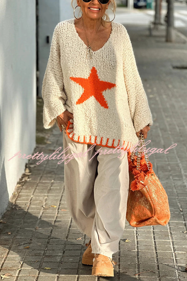 Warm Winter Day Texture Knit Star Pattern Contrast Color Loose Sweater