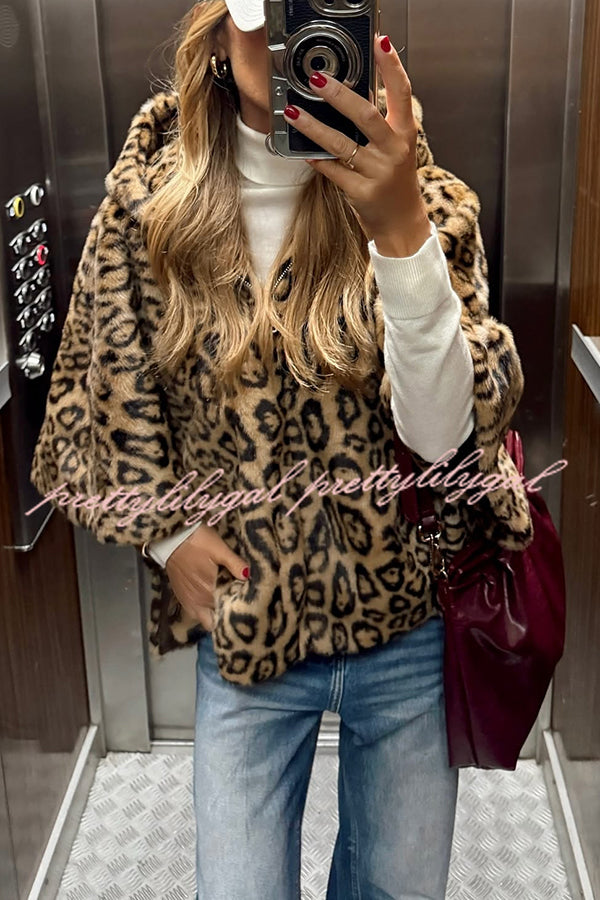 Taylor Plush Fabric Leopard Print Zipper Pocketed Cape Hooded Coat