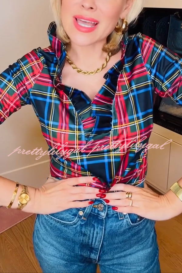 Duke of York Holiday Plaid Ruffle Stand Neck Half Sleeve Blouse