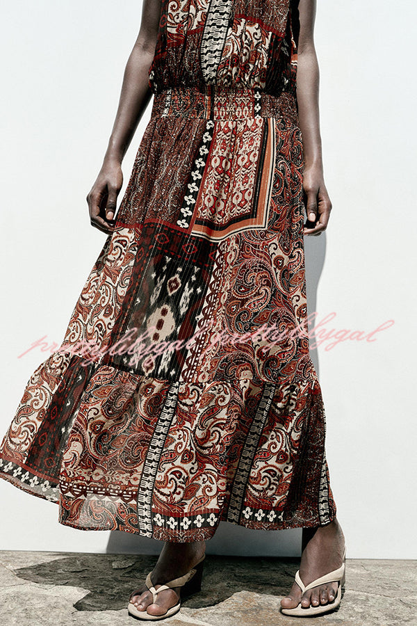 Ethnic Boho Colorblock Print Elastic Waist Resort Style Maxi Dress