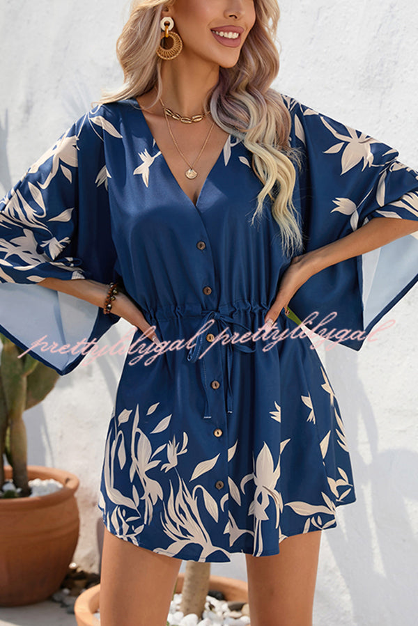 Botanical Print Button Drawstring Waist Dolman Sleeve Loose Romper