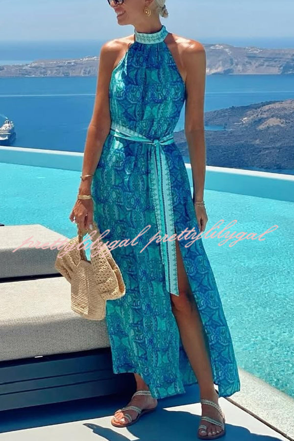 Unique Print Sexy Off-the-shoulder Waist Tie Slit Holiday Midi Dresses