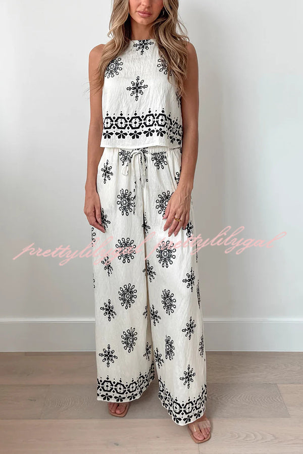 Unique Printed Round Neck Sleeveless Button Top and Elastic Waist Pocket Wide Leg Pants Set