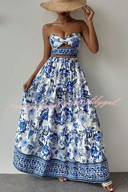 Floral Print Cutout Bandeau Top and Elastic Waist Full Maxi Skirt Set