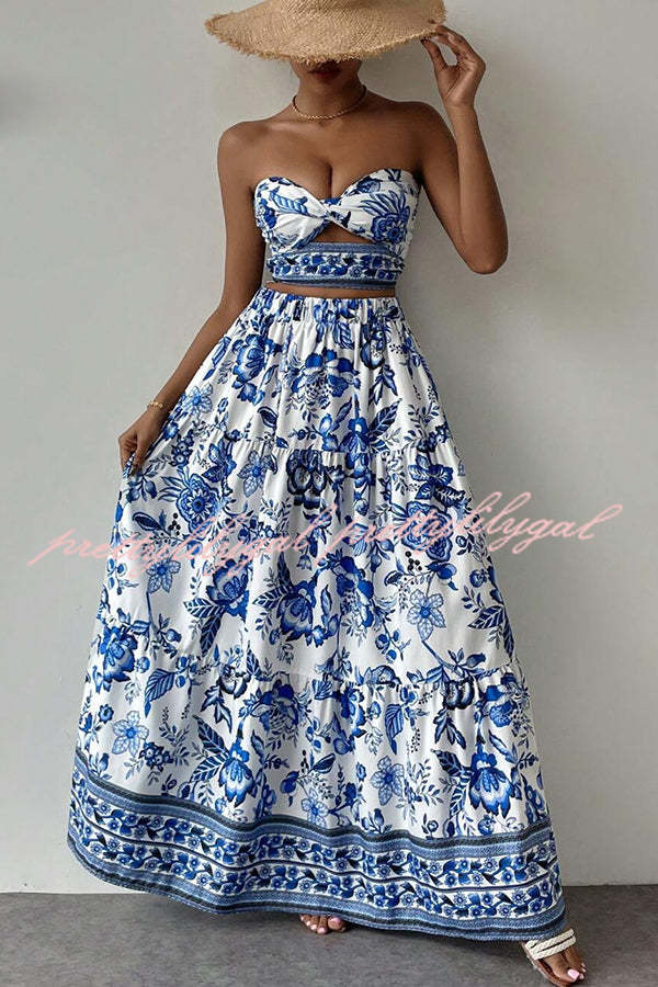 Floral Print Cutout Bandeau Top and Elastic Waist Full Maxi Skirt Set
