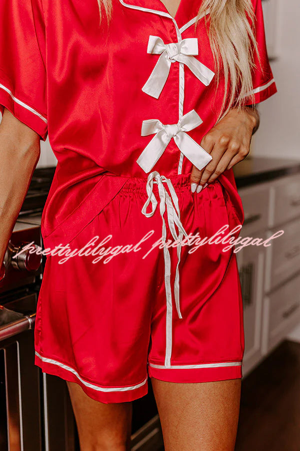 Sweet Dreams Satin Bow Detail Elastic Waist Pajama Shorts Set