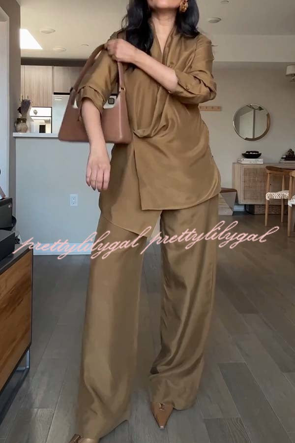 Bella Satin Drape Collar Single Button Casual Blazer and Elastic Waist Pocket Loose Pants Set