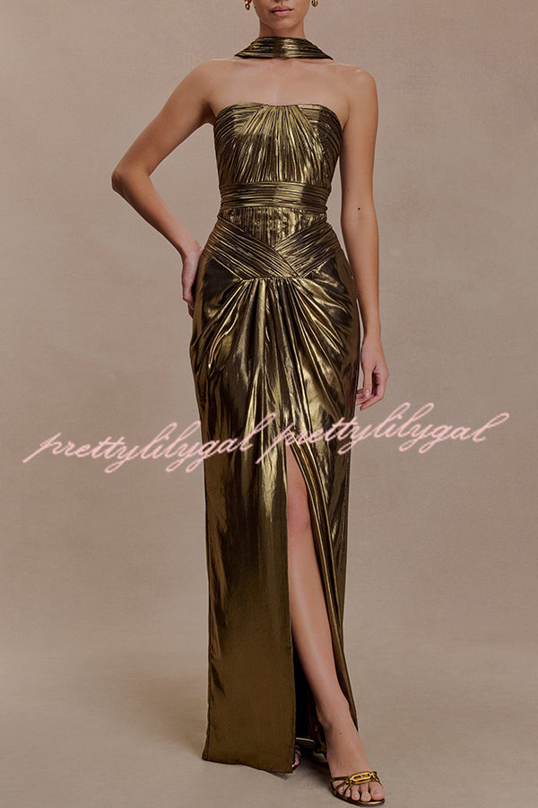 Clemence Plisse Metallic Fabric Reverse Halter Beck Strap Drape Slit Maxi Dress