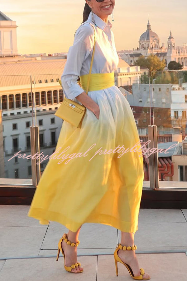 Fashionable Gradient Lapel Long Sleeve Waist Tie Casual Midi Dress