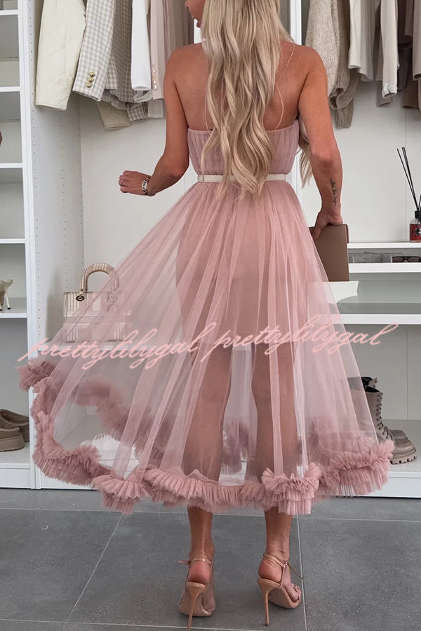 Fairytale Charm Tulle Off Shoulder Ruffles Trim A-line Midi Dress