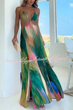 Andie Splash Ink Printed Cutout Back Tie-up Slit Vacation Maxi Dress